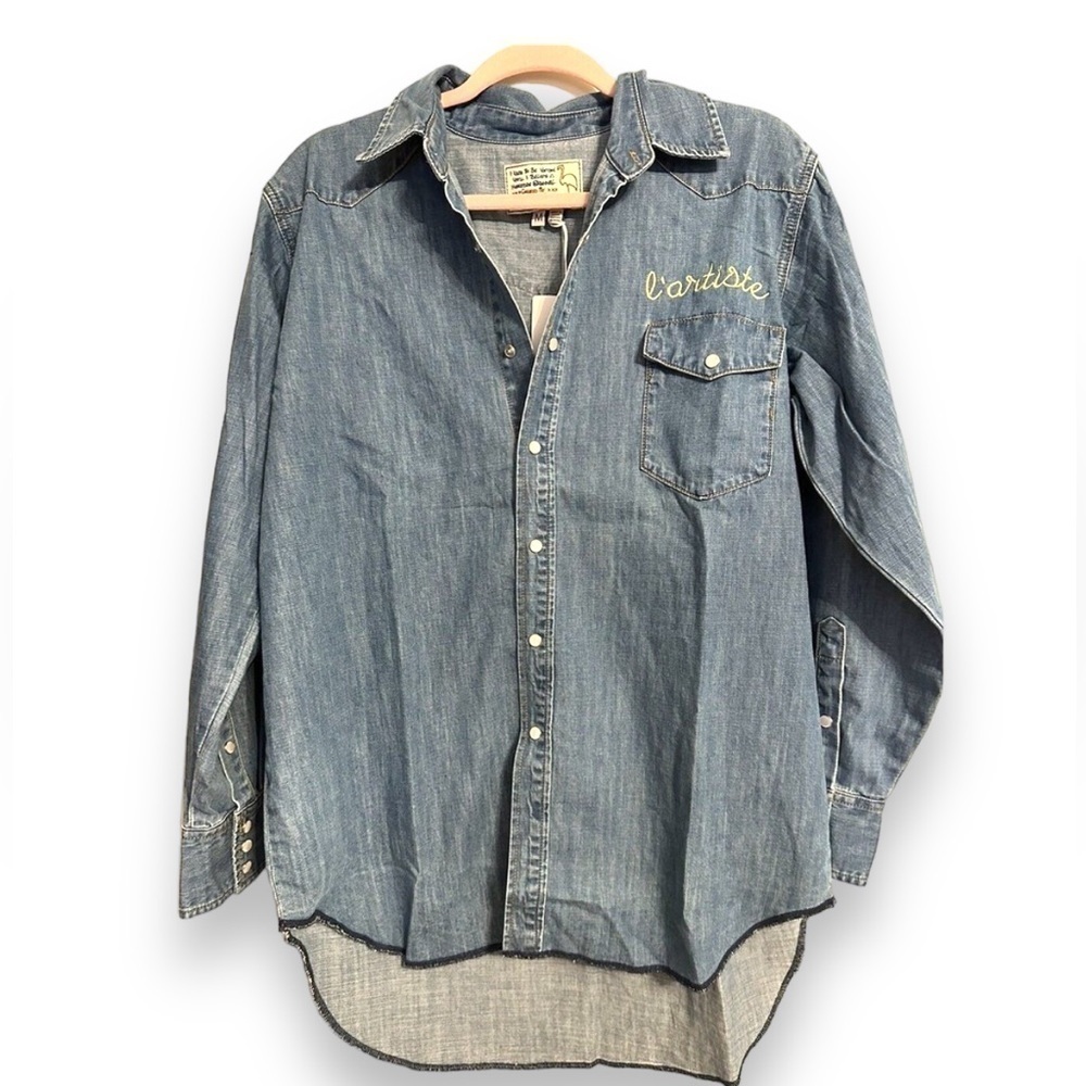 Free People Sandrine L'Artiste Women's Blue Denim Chambray Shirt Long Sleeve